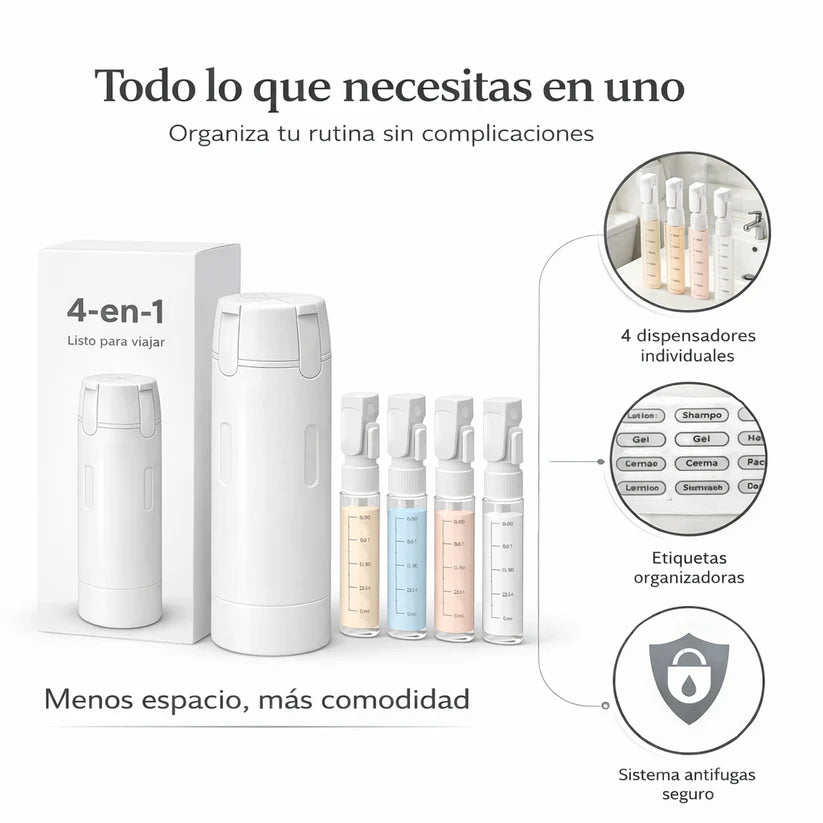 TravelGo™ Dispensador 4 en 1 para Gym, Viajes y Playa